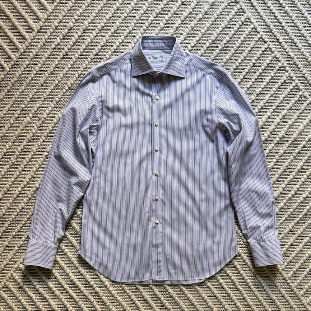Finamore Napoli Hand-Sewn Italian Dress Shirt Blue Purple Stripe 15.5 39